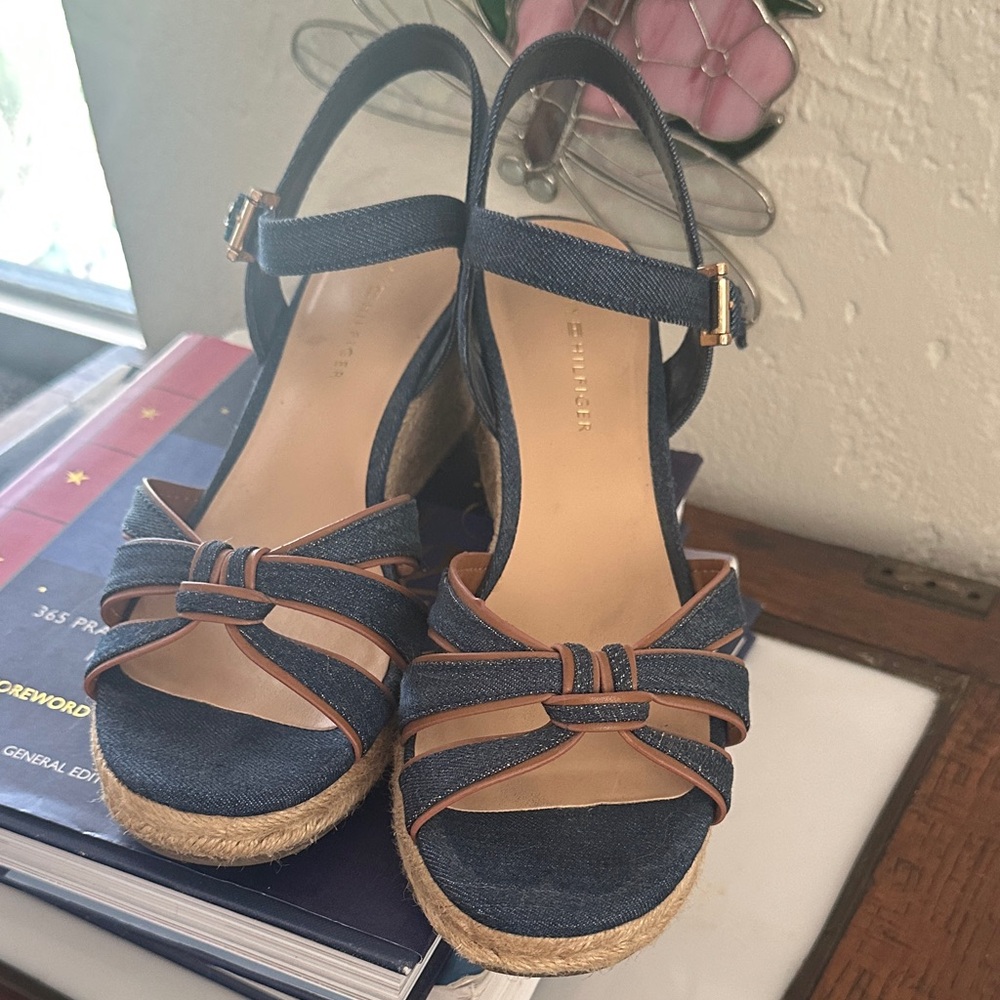 Tommy Hilfiger Denim Blue Espadrille Wedge Sandals with Brown Trim - Picture 6 of 6